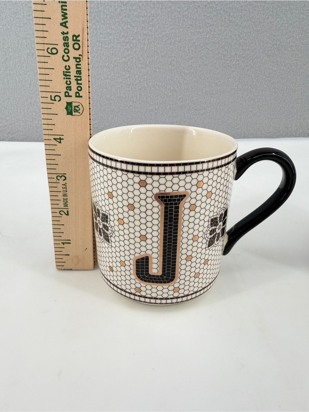 Anthropologie Margot Bistro Tile Monogram "J" Ceramic Cup Mug Black Gold Mosaic - Picture 10 of 10
